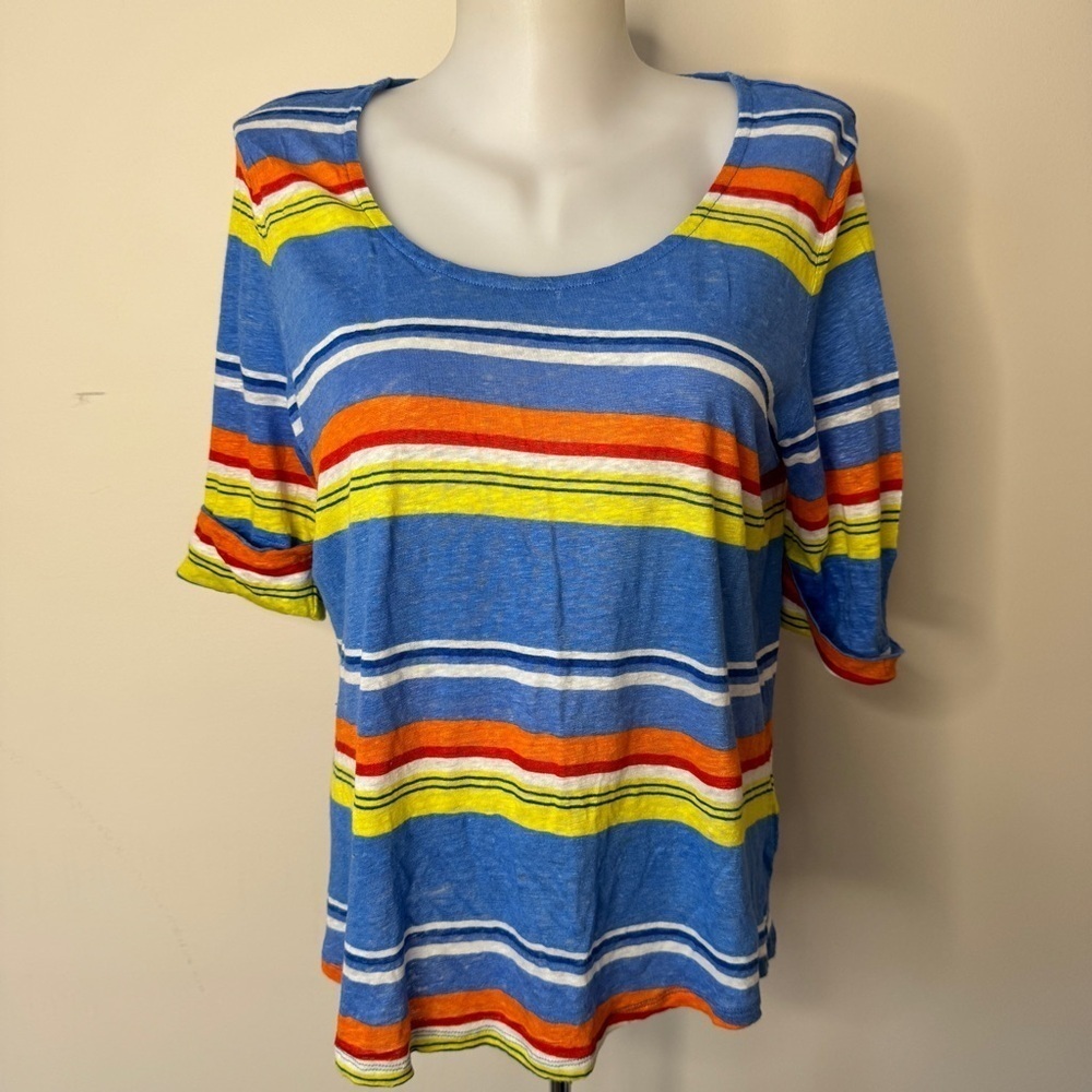 LRL Lauren Ralph Lauren Linen Top Striped Short Sleeve Shirt Beachy Sz XL